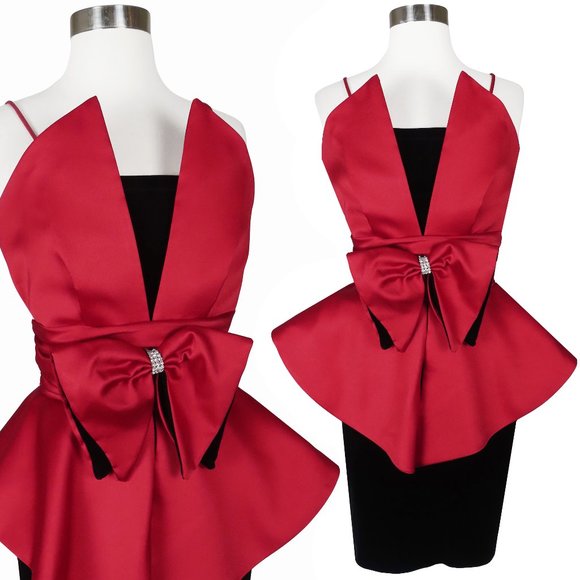 Vintage 80s Red Black Velvet Tuxedo Tux Cocktail Party Prom Sheath Dress XXS XS - Picture 1 of 12